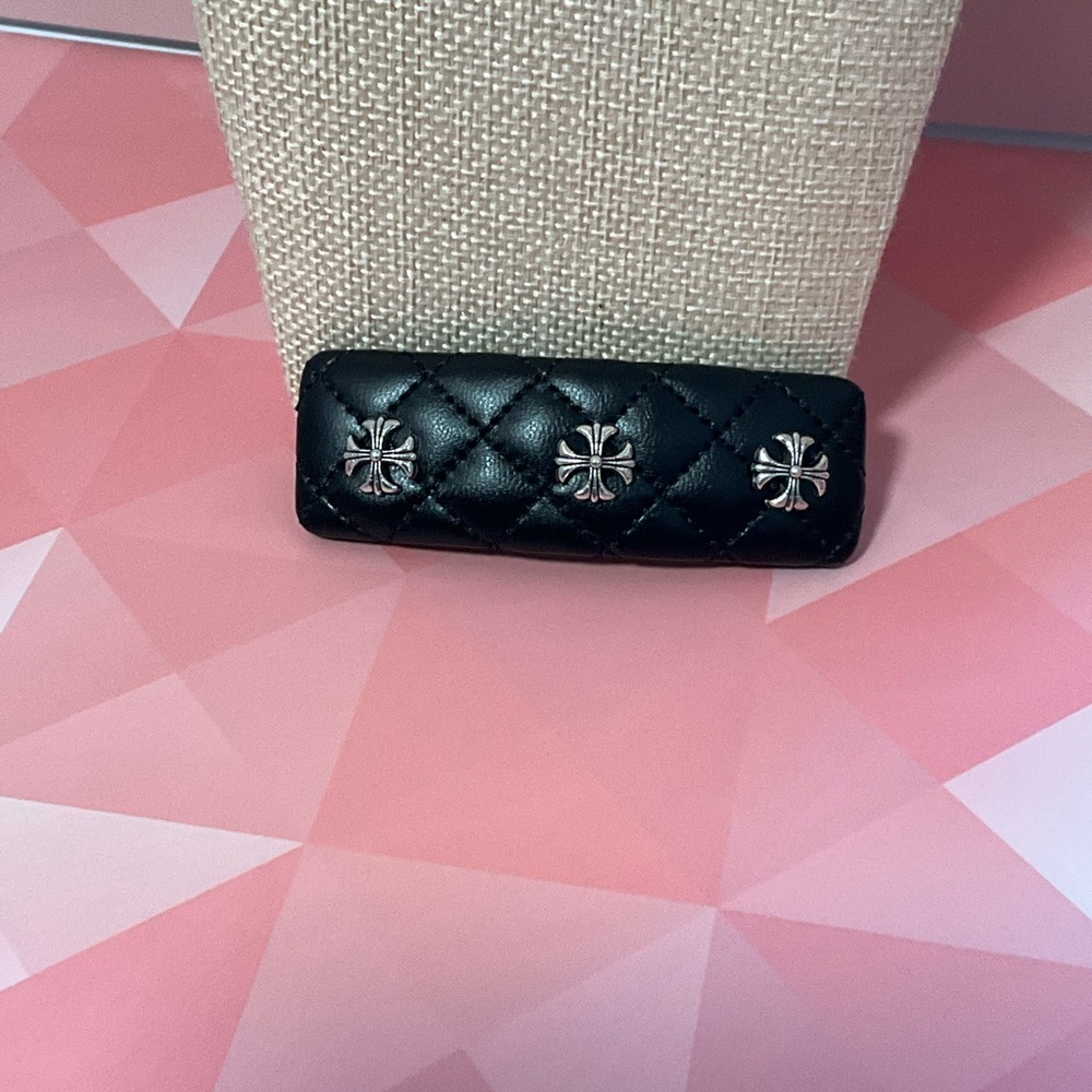 Black Quilted Hair Clip with Silver Cross Accents